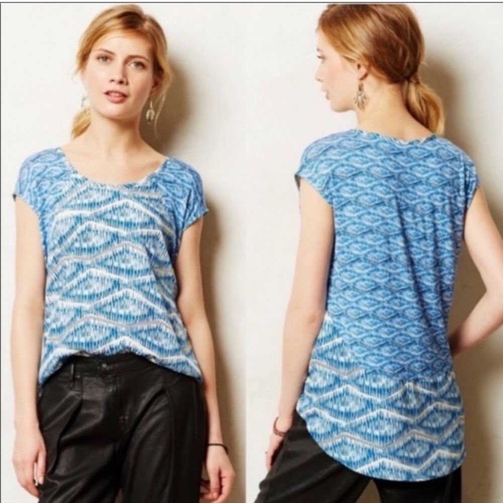 Anthropologie Blue and White Patterned Cap-Sleeve Blouse